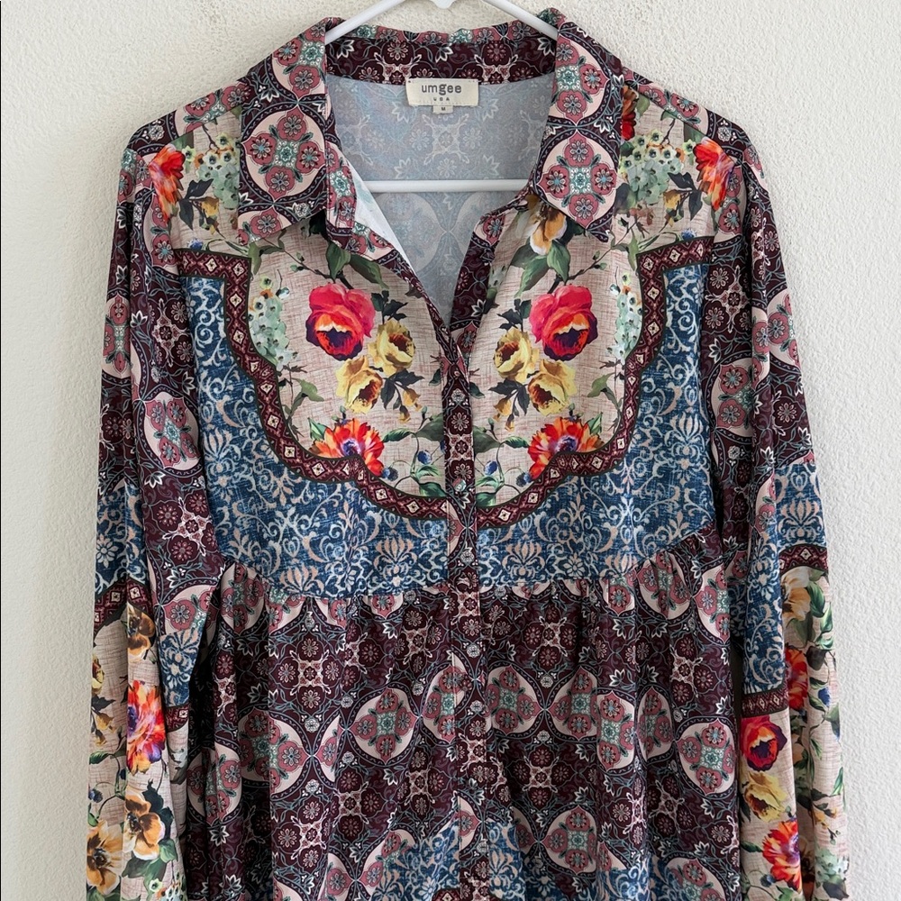 Umgee Multicolor Floral Patchwork Button Down Tun… - image 2